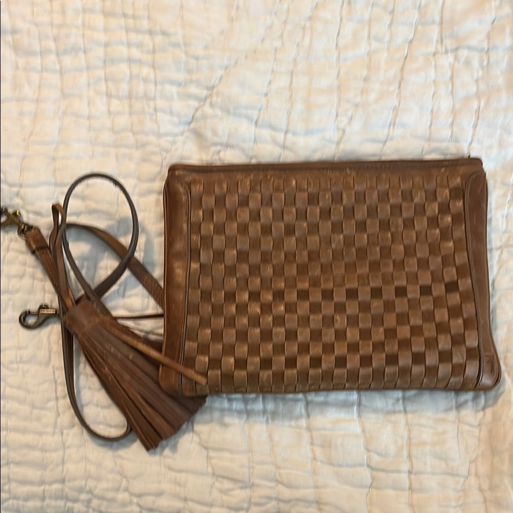 Frye Brown Leather Woven Clutch with Tassel